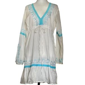 Vintage Boho 100% Cotton Embroidered V Neck Dress /Cover-Up M